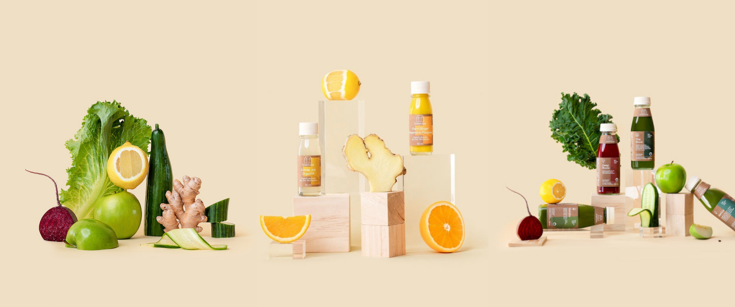 Fresh fruits and vegetables with juices